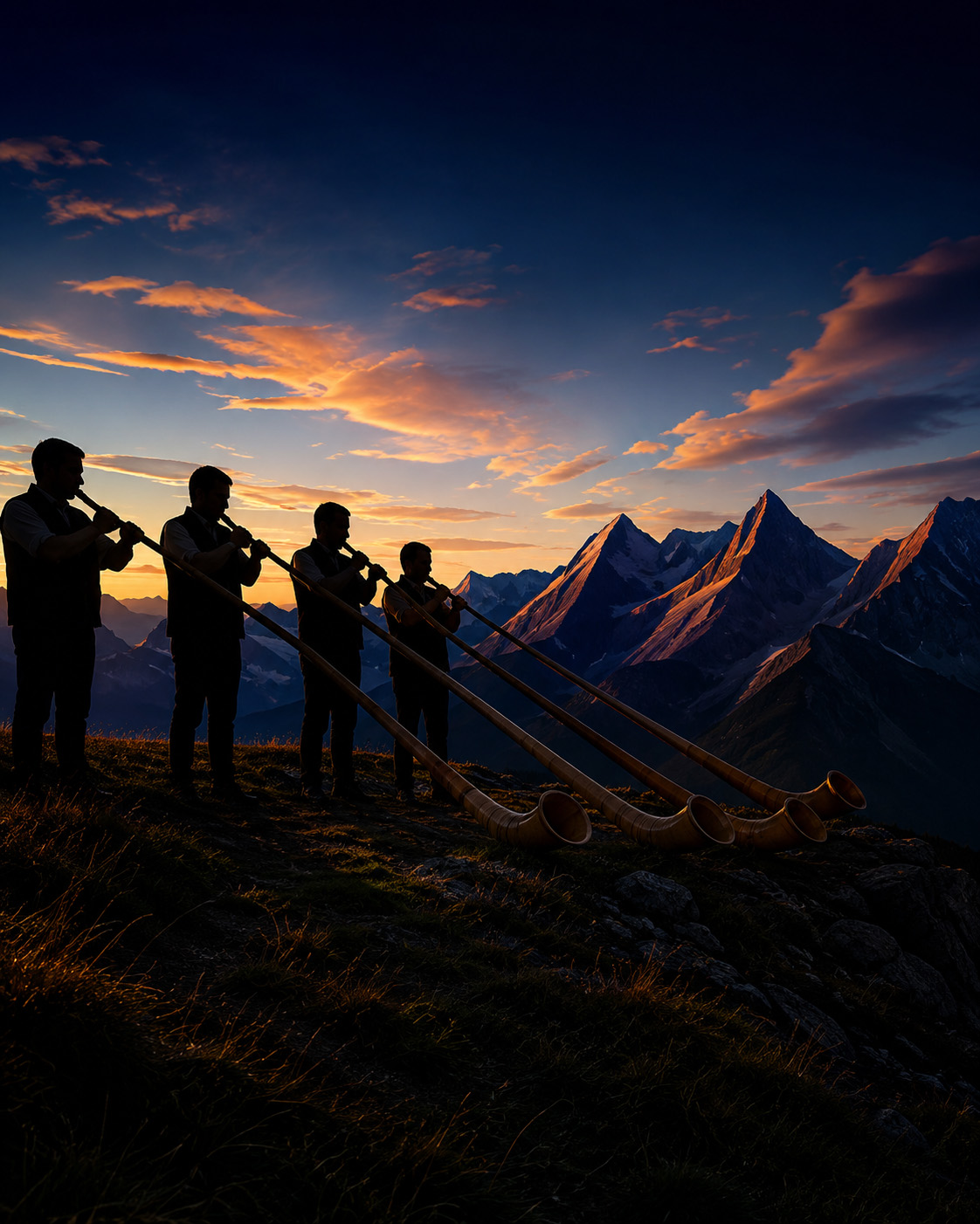 Die Haunsberg Alphorns mit Alphörnern vor Bergkulisse